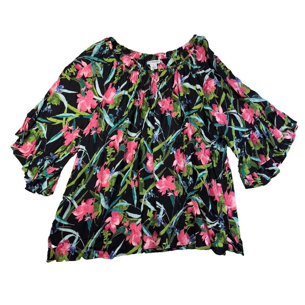 Catherines Top Womens 2X Black Multicolor Floral Peasant Off Shoulder Stretch
